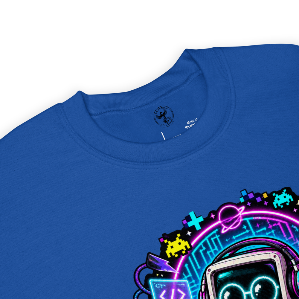 Felpa Robot Neon blu royal, dettaglio collo e stampa