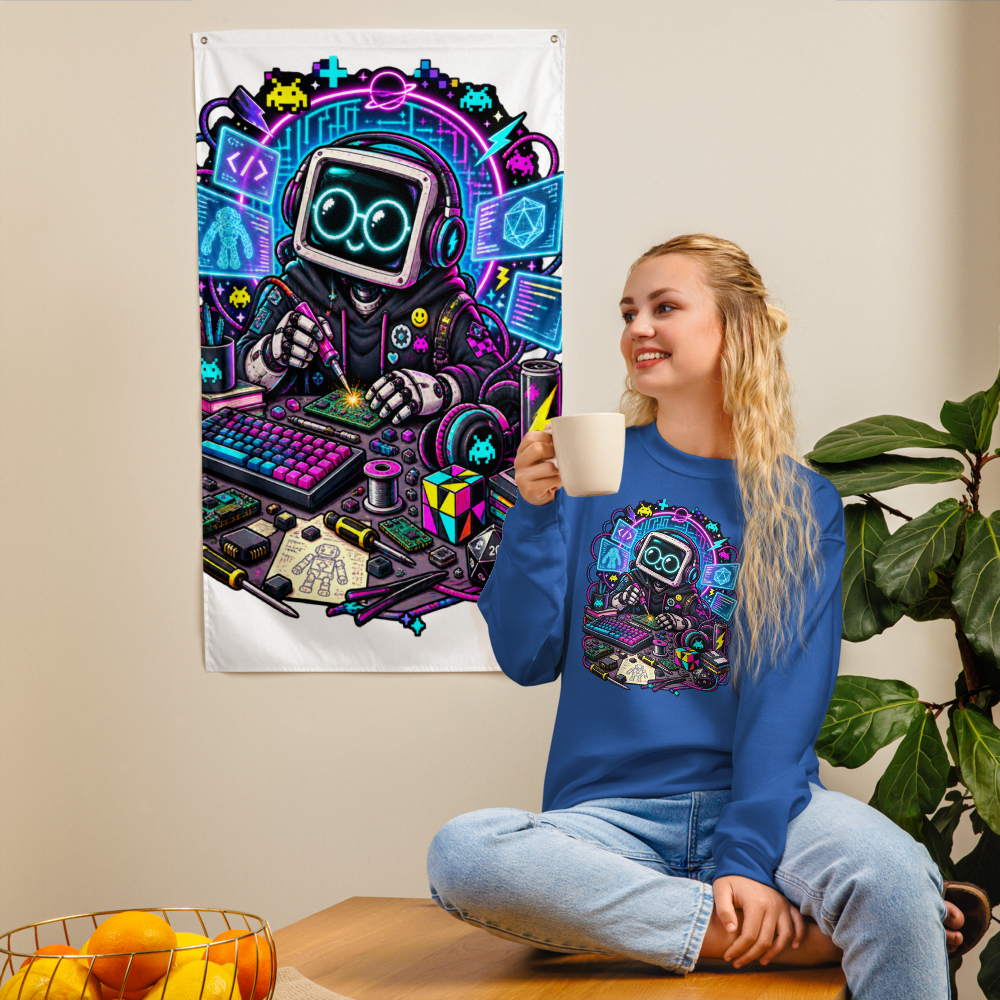 Felpa Robot Neon blu royal indossata da una modella
